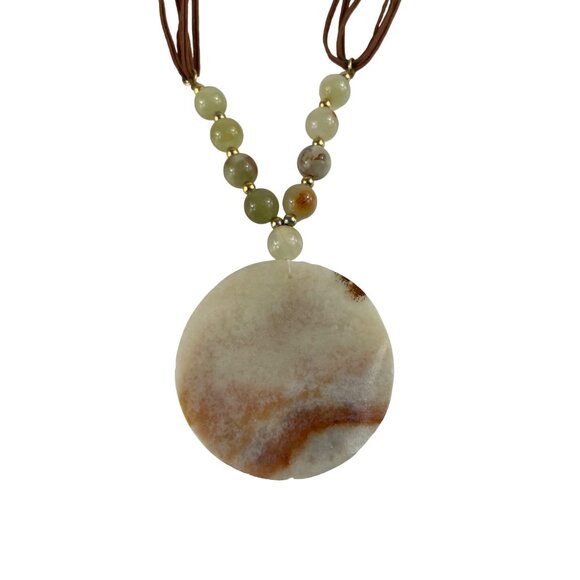 Hobe Natural Stone Carved Dragon White Brown Agate Pendant Bead Necklace - Picture 2 of 15